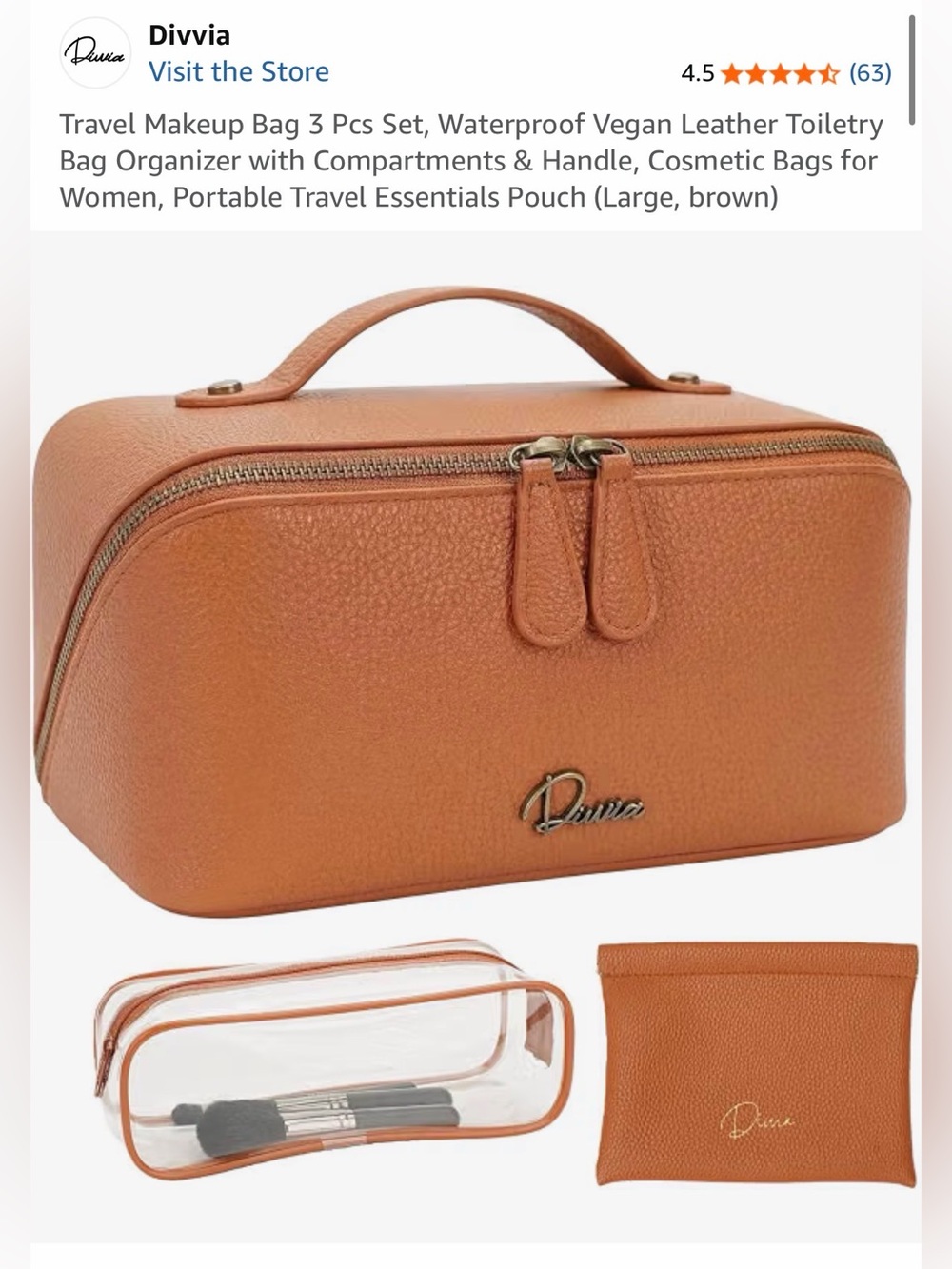 Divvia Travel Makeup 3 Pcs Set, Waterproof Leather Organizer - Large